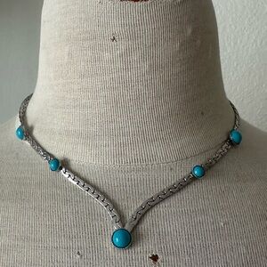 silver tone chain necklace with turquoise beads, adjustable length jewellery